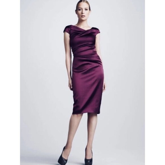 Talbot Runhof Cocktail Dress Sz 10/12 Burgundy Ruched Sheath Luxury Gala Yacht - Picture 1 of 13